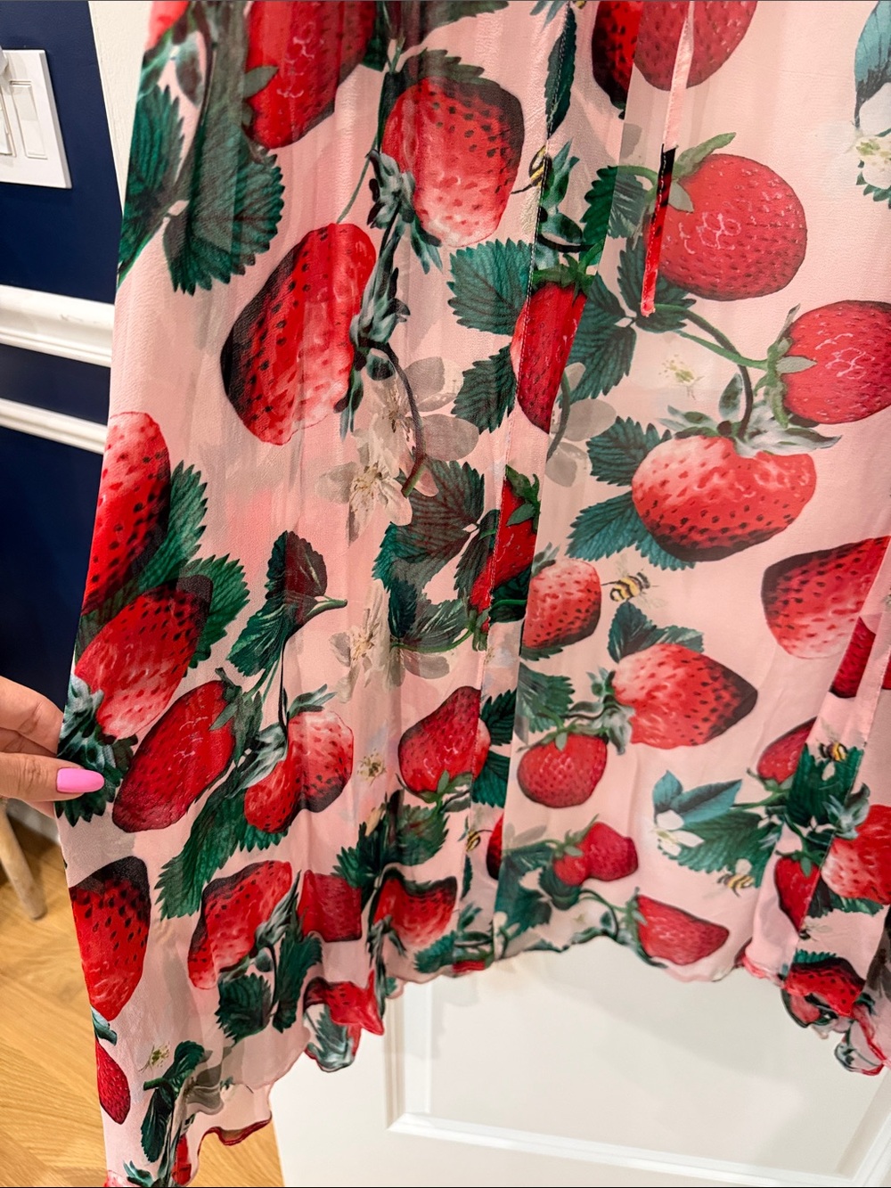 Sheer Strawberry-Print Long Kimono Tunic - Pink/Red - Picture 12 of 16